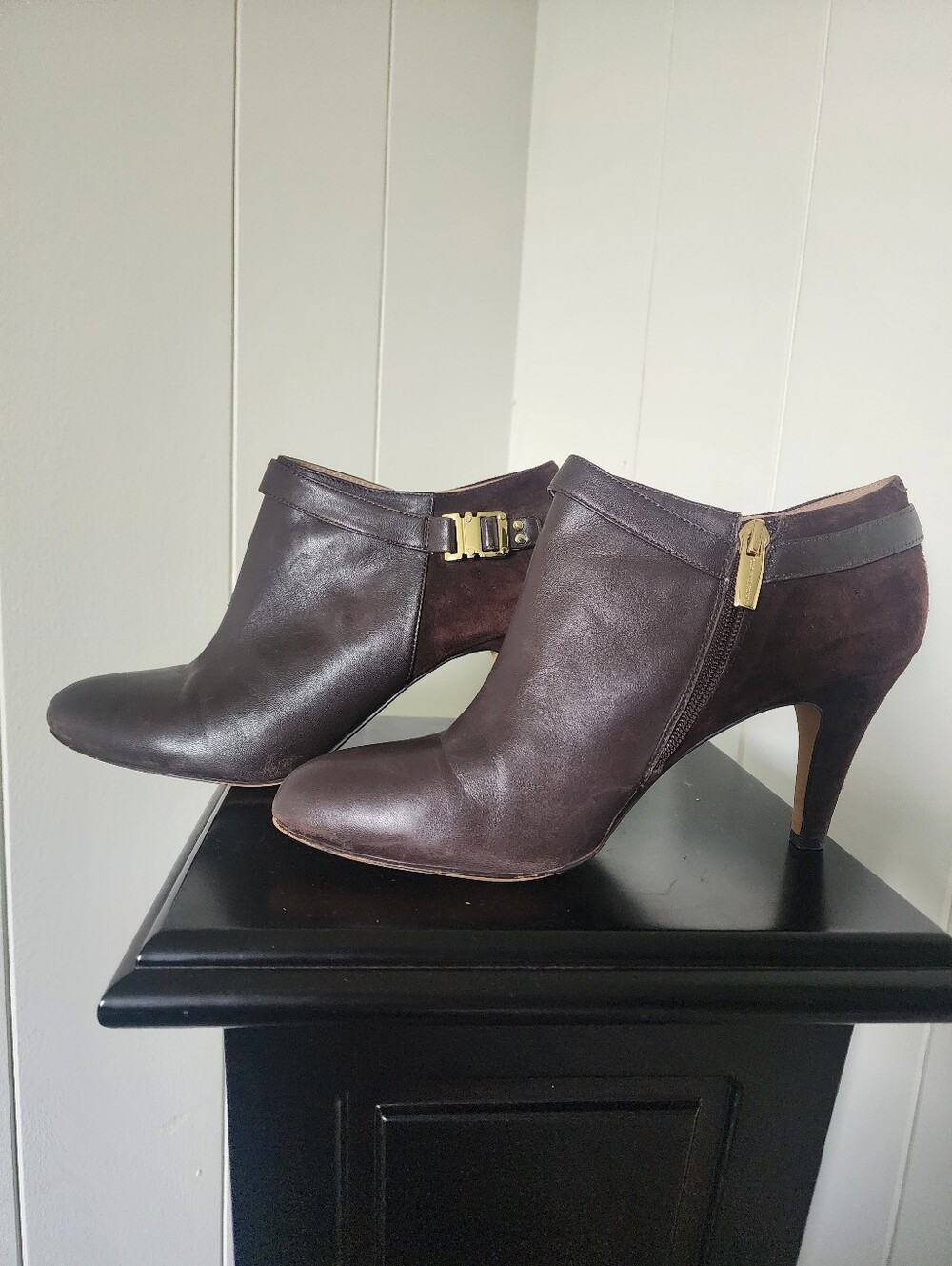 Women's Vince Camuto Brown Leather & Suede Ankle Booties with Gold Accent